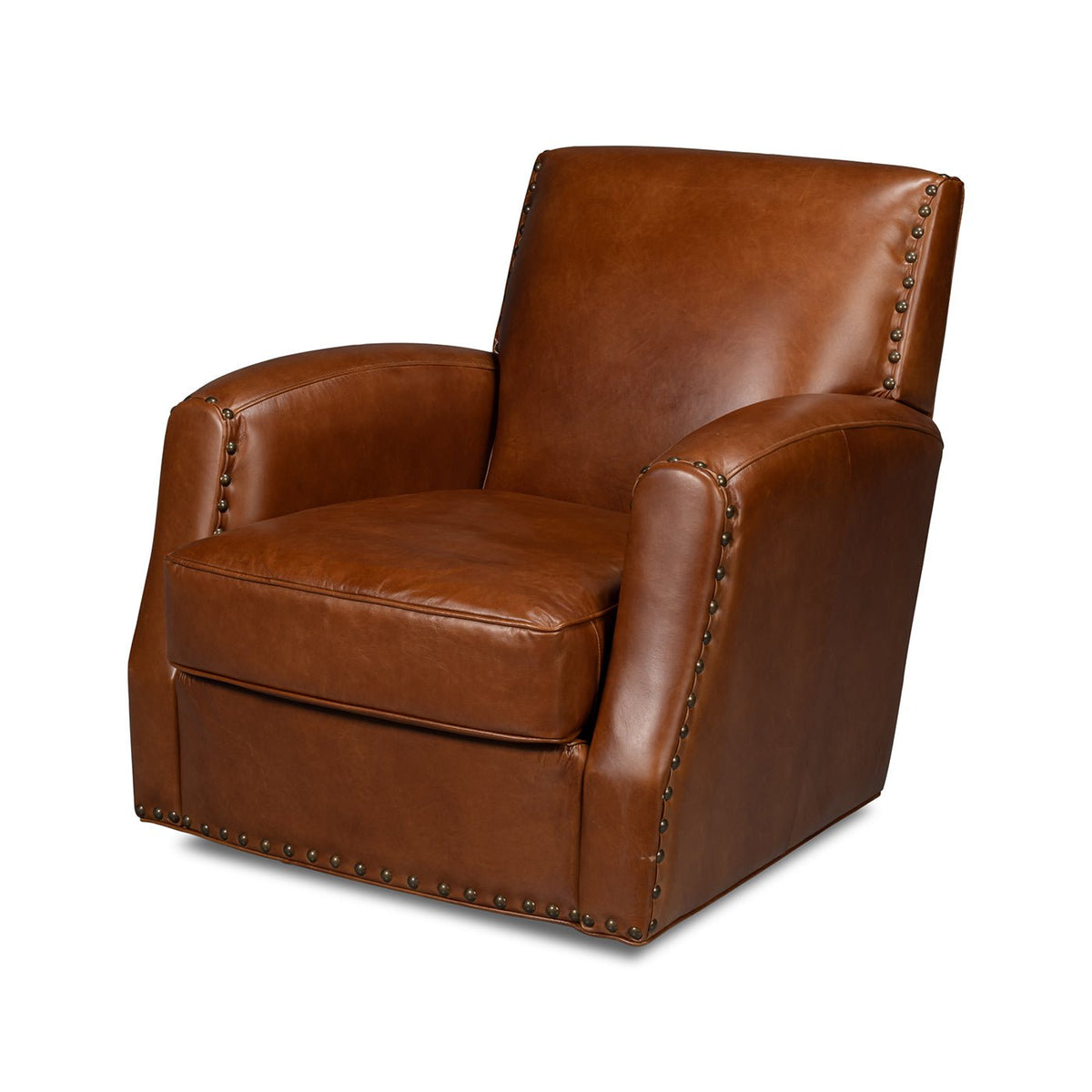 Classic Brown Leather Swivel Armchair - English Georgian America