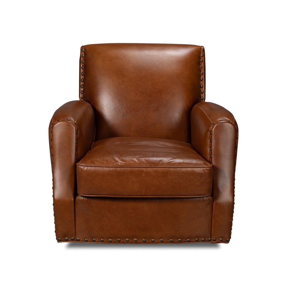 Classic Brown Leather Swivel Armchair - English Georgian America
