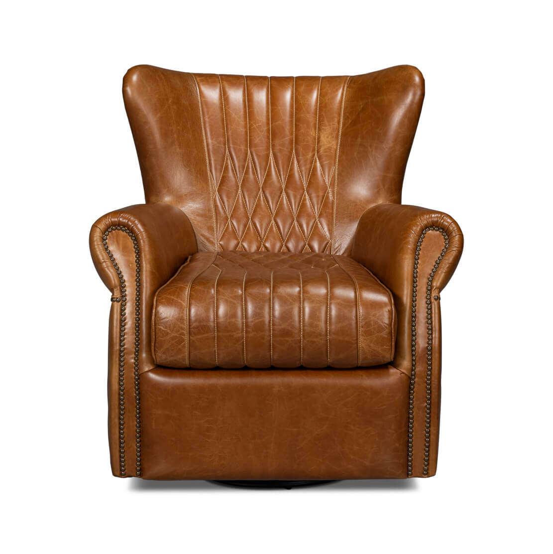 Classic Brown Leather Swivel Chair - English Georgian America