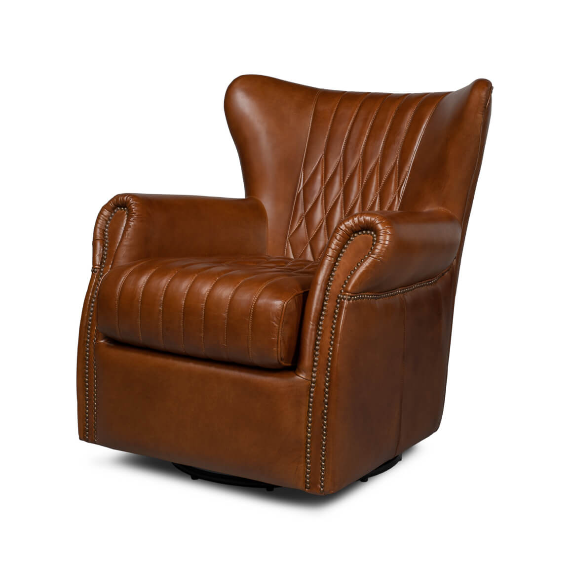 Classic Medium Brown Leather Swivel Chair - English Georgian America