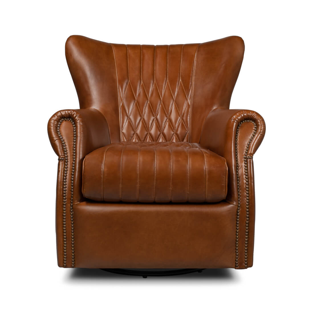 Classic Medium Brown Leather Swivel Chair - English Georgian America