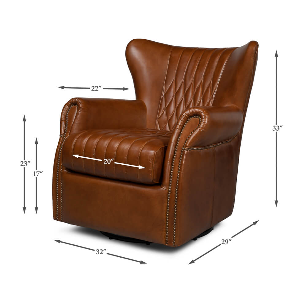 Classic Medium Brown Leather Swivel Chair - English Georgian America