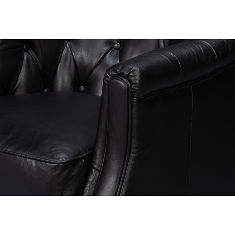 Classic Tufted Black Leather Armchair - English Georgian America