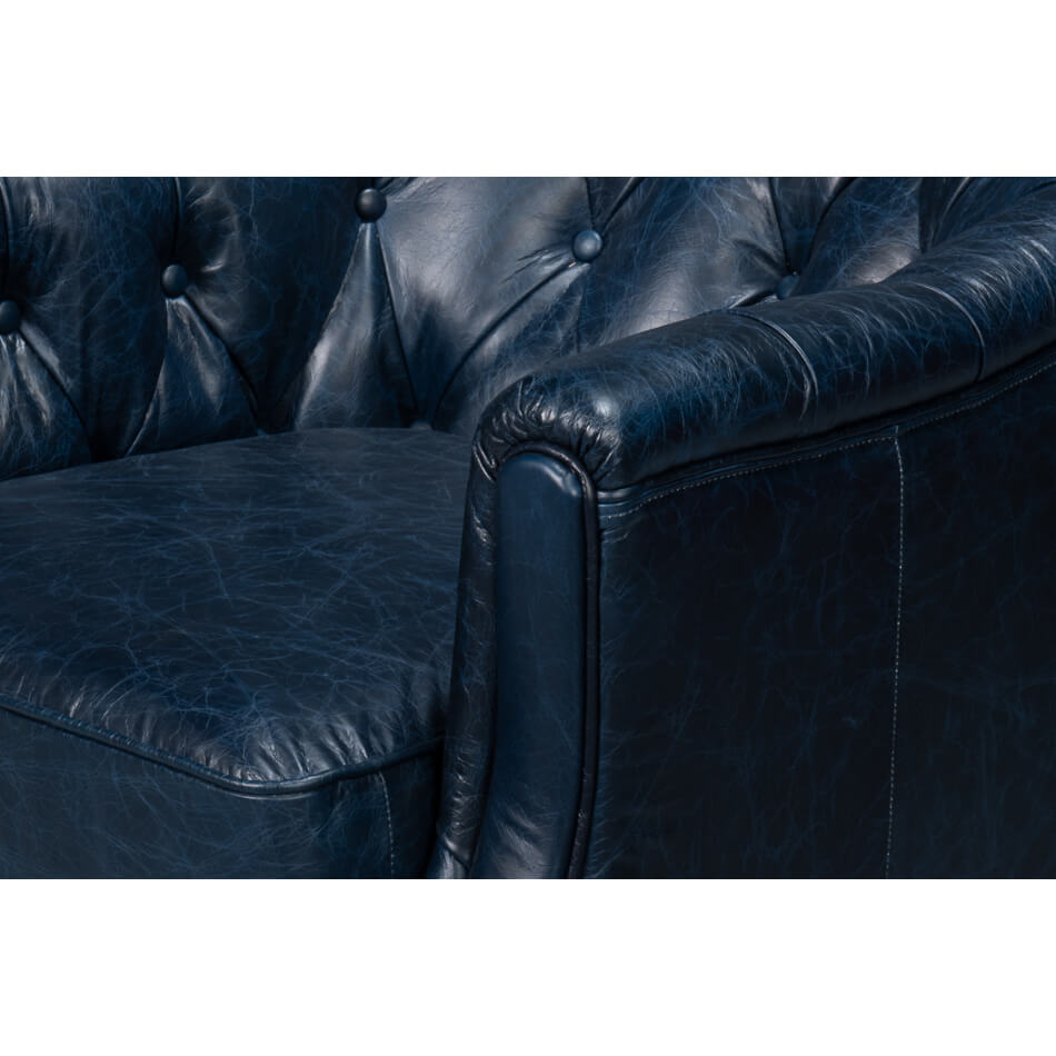 Classic Tufted Blue Leather Armchair - English Georgian America