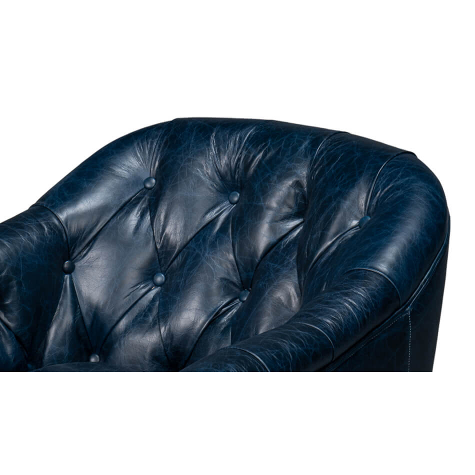 Classic Tufted Blue Leather Armchair - English Georgian America