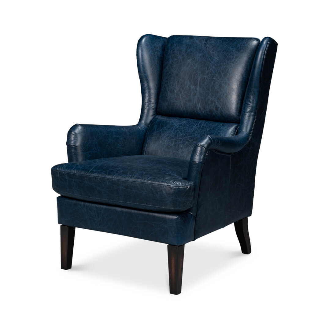 Classic Wingback Leather Chair Chateau Blue - English Georgian America