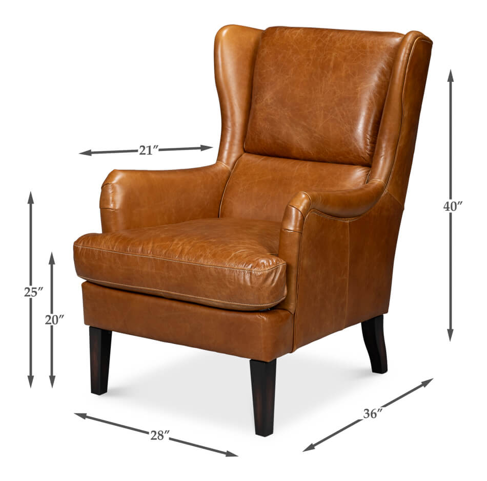 Classic Wingback Leather Chair Cuban Brown - English Georgian America