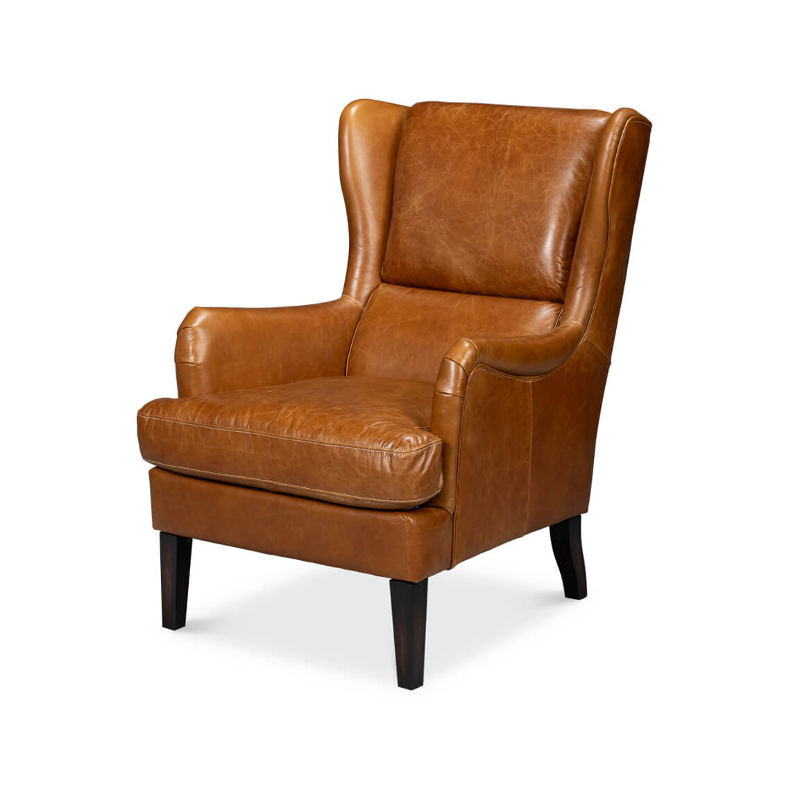Classic Wingback Leather Chair Cuban Brown - English Georgian America