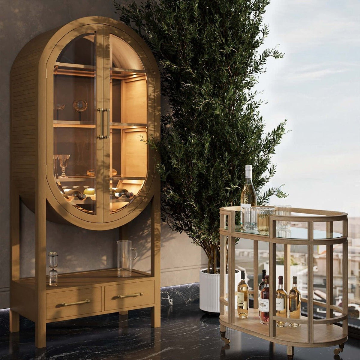 Coastal Style Bar Cart in Light Wood - English Georgian America