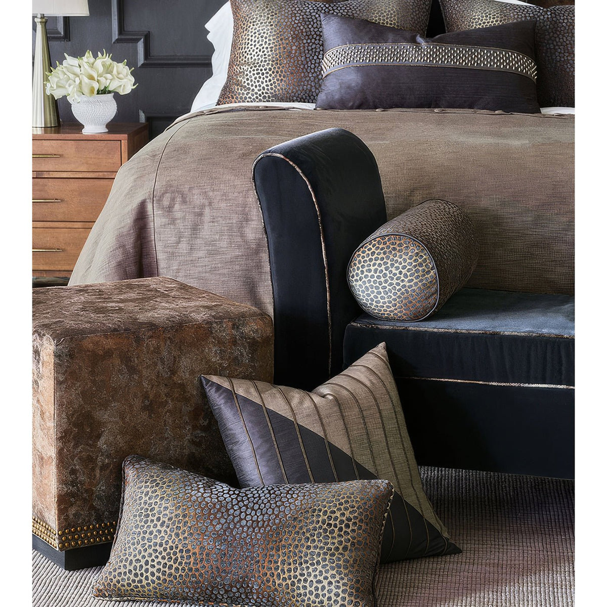 Copper Velvet Cube Ottoman - English Georgian America