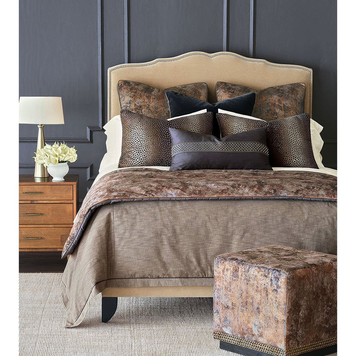 Copper Velvet Cube Ottoman - English Georgian America