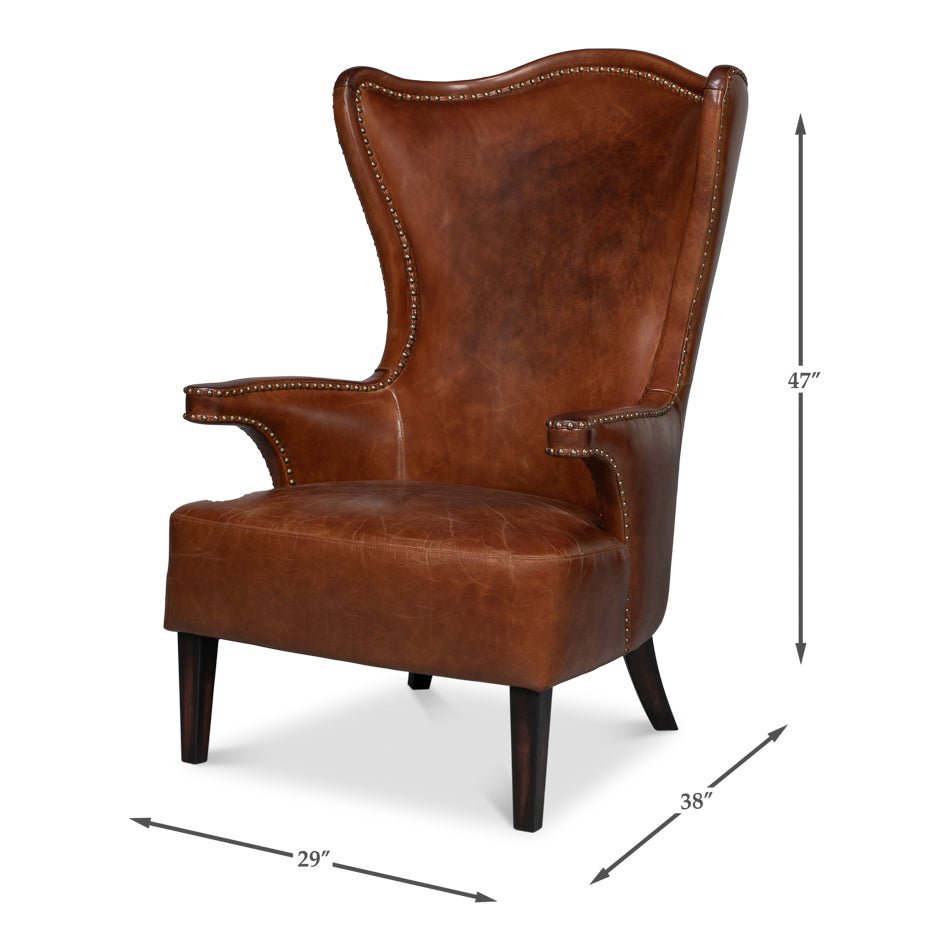 Dark Brown High Back Leather Wing Chair - English Georgian America