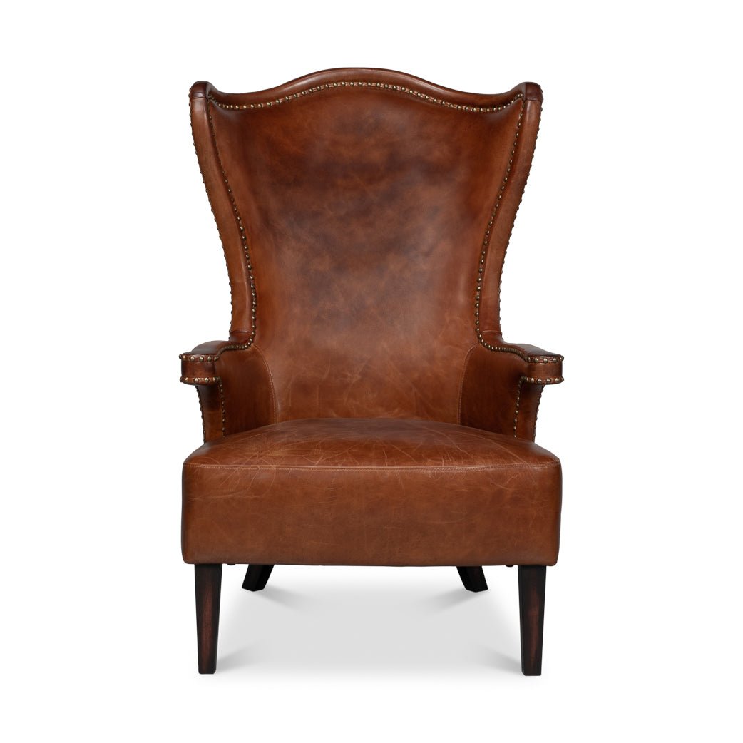 Dark Brown High Back Leather Wing Chair - English Georgian America