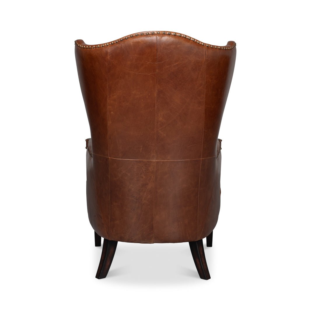 Dark Brown High Back Leather Wing Chair - English Georgian America
