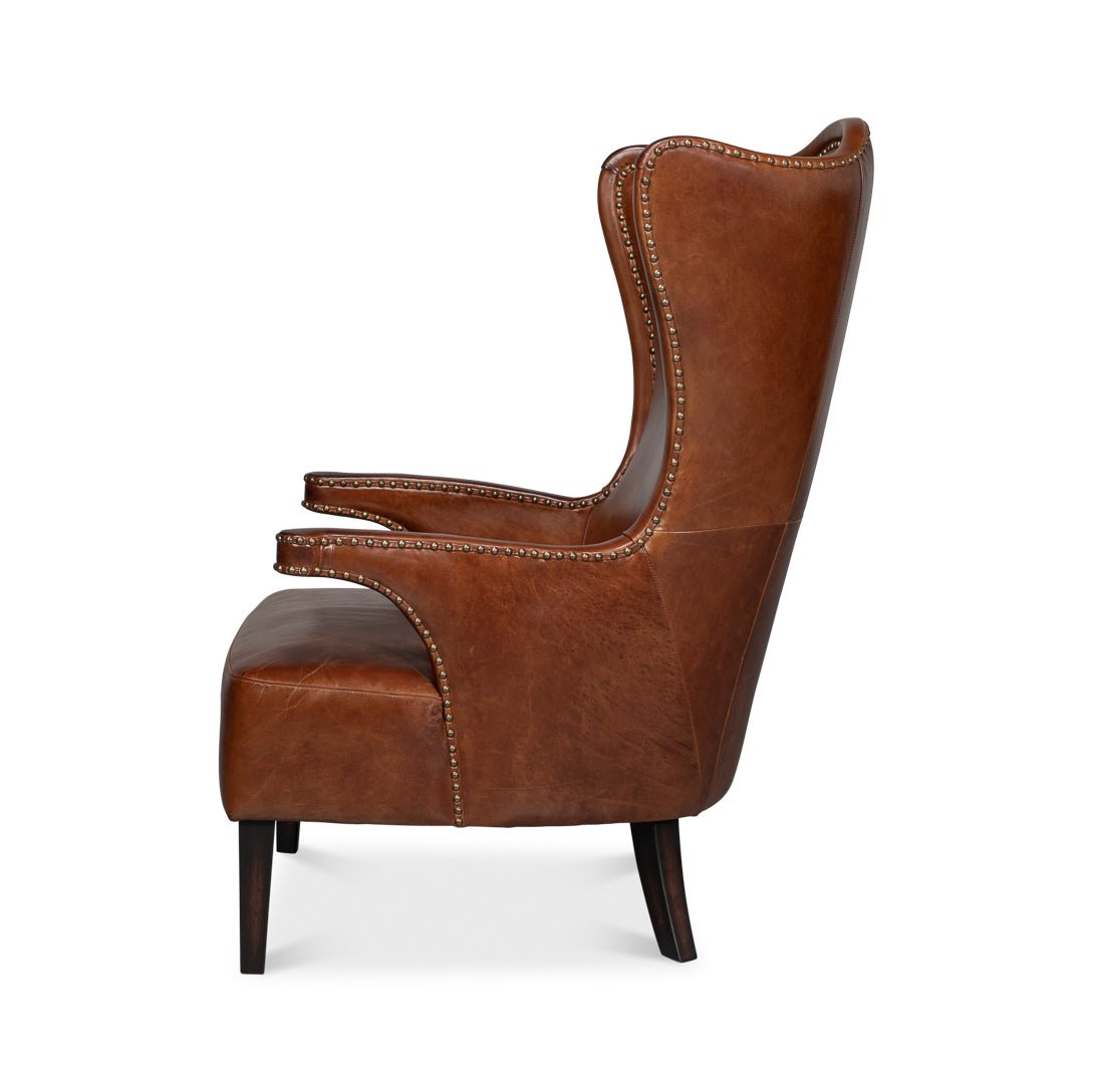 Dark Brown High Back Leather Wing Chair - English Georgian America