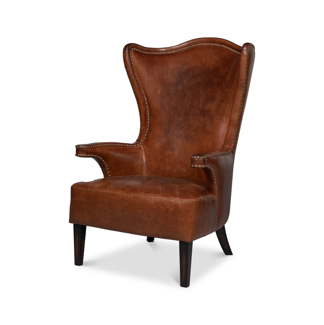 Dark Brown High Back Leather Wing Chair - English Georgian America