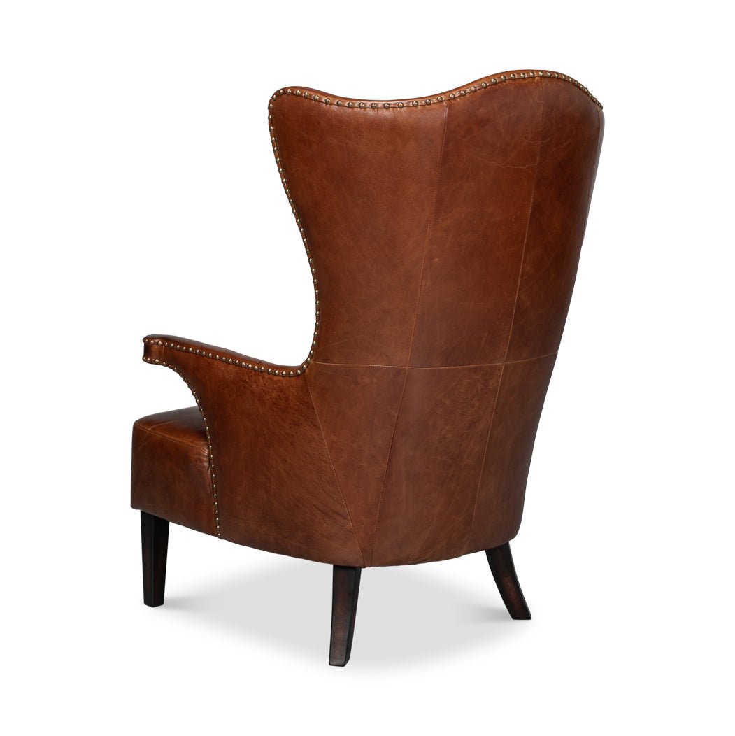 Dark Brown High Back Leather Wing Chair - English Georgian America