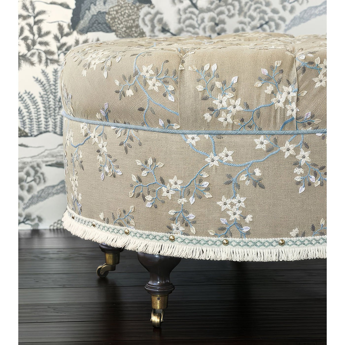 Embroidered Round Poof - English Georgian America