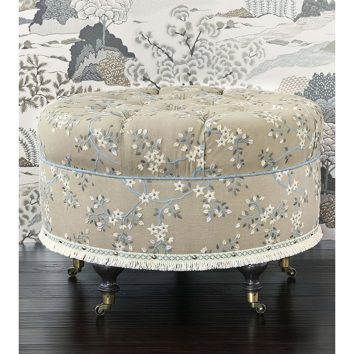 Embroidered Round Poof - English Georgian America