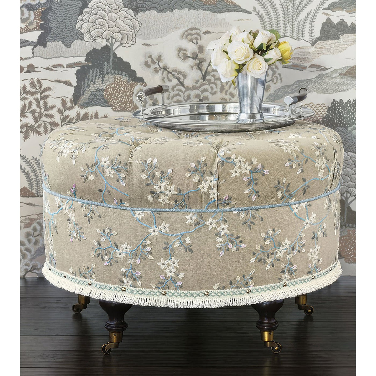 Embroidered Round Poof - English Georgian America