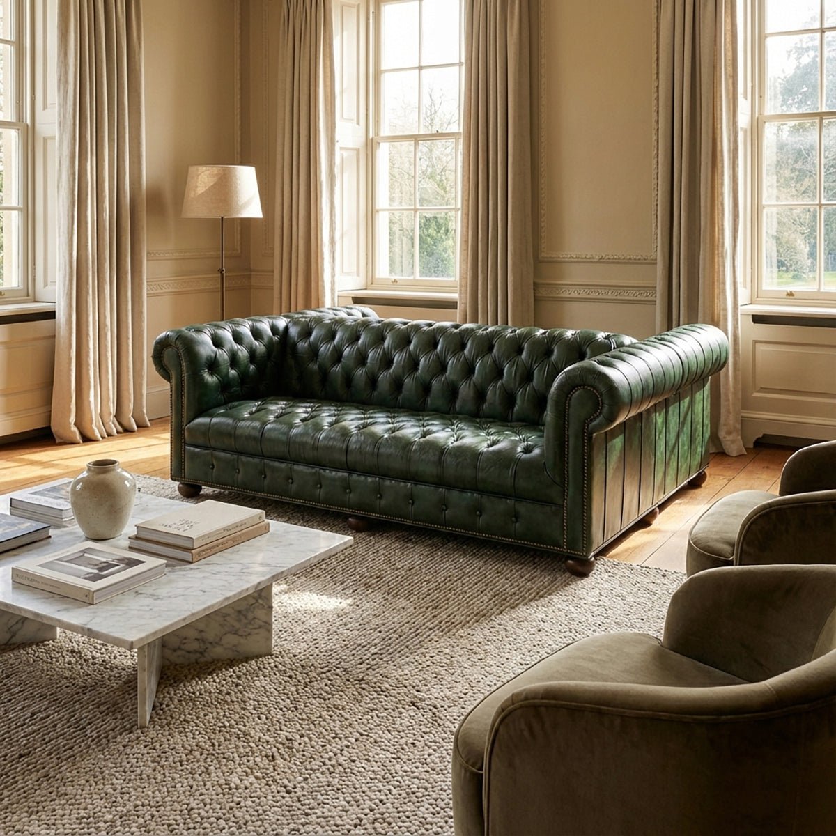 Emerald Green Leather Double - Sided Chesterfield Sofa - English Georgian America