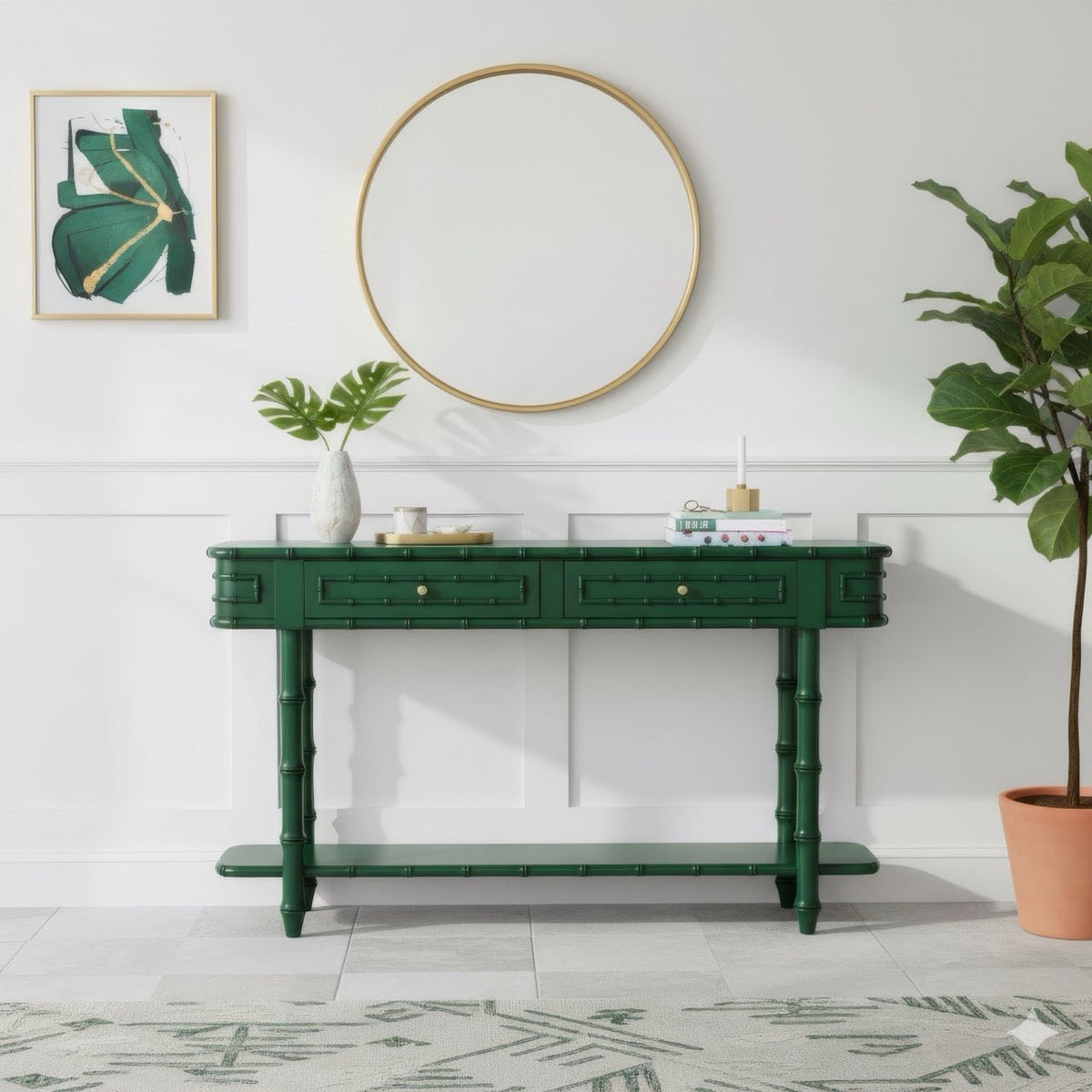 Faux Bamboo Console Table in Jade Green - English Georgian America