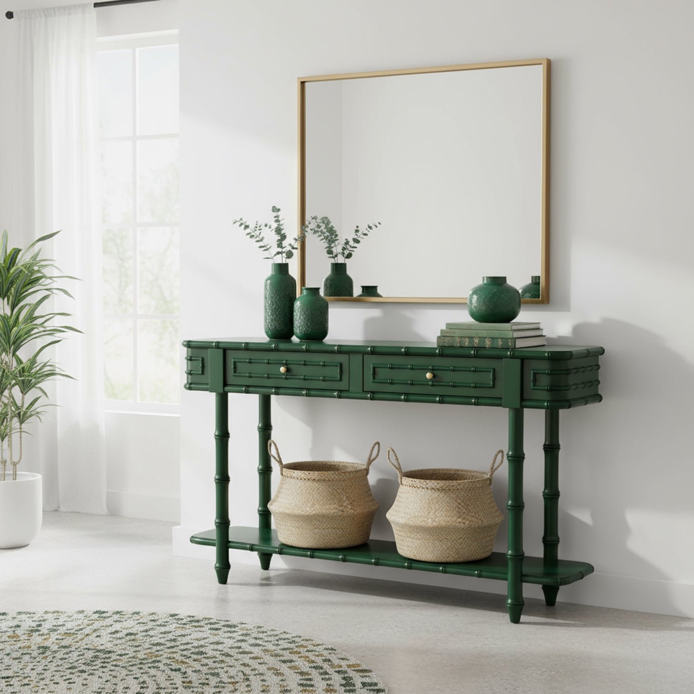 Faux Bamboo Console Table in Jade Green - English Georgian America