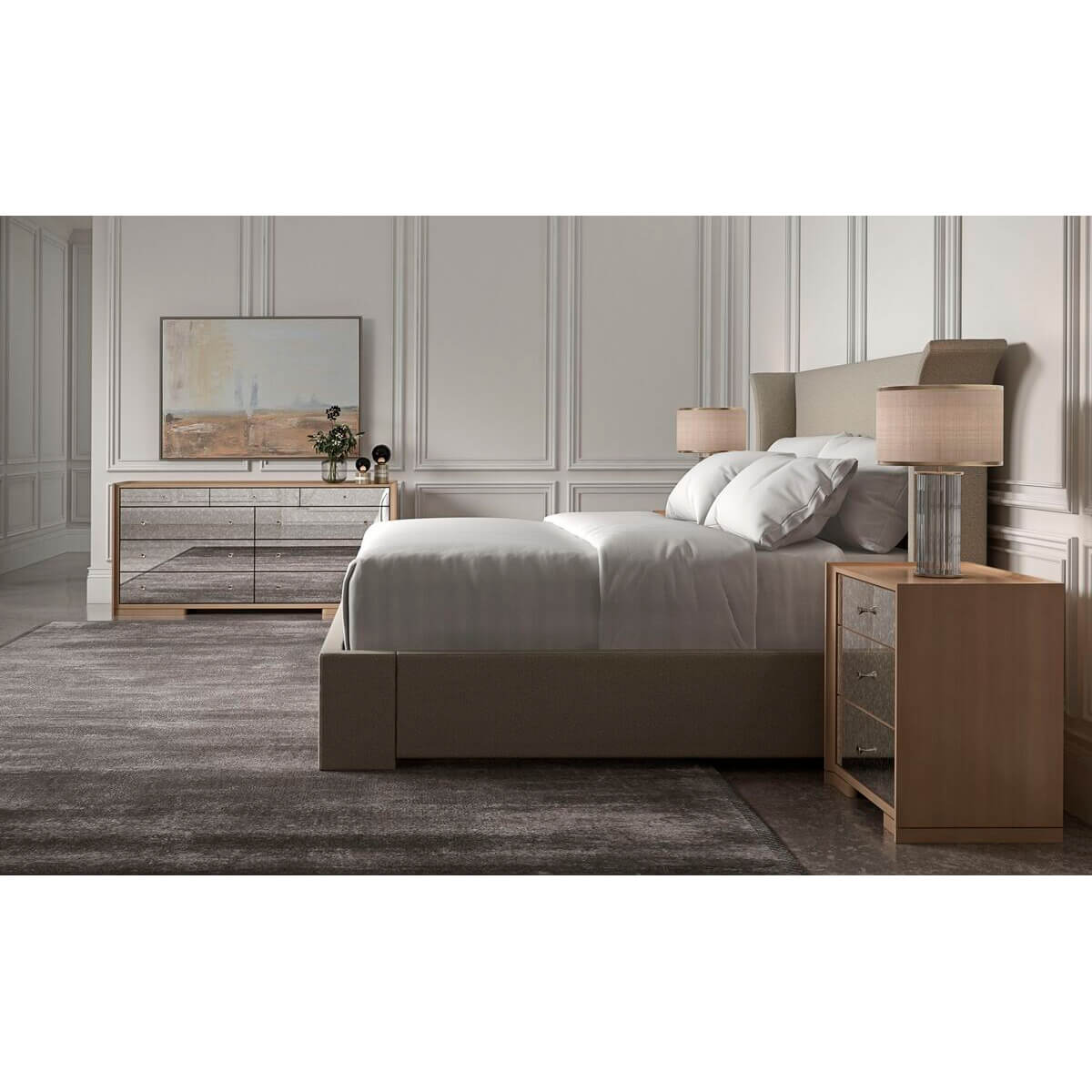 Flared Modern Fully Upholstered King Bed - Oatmeal - English Georgian America