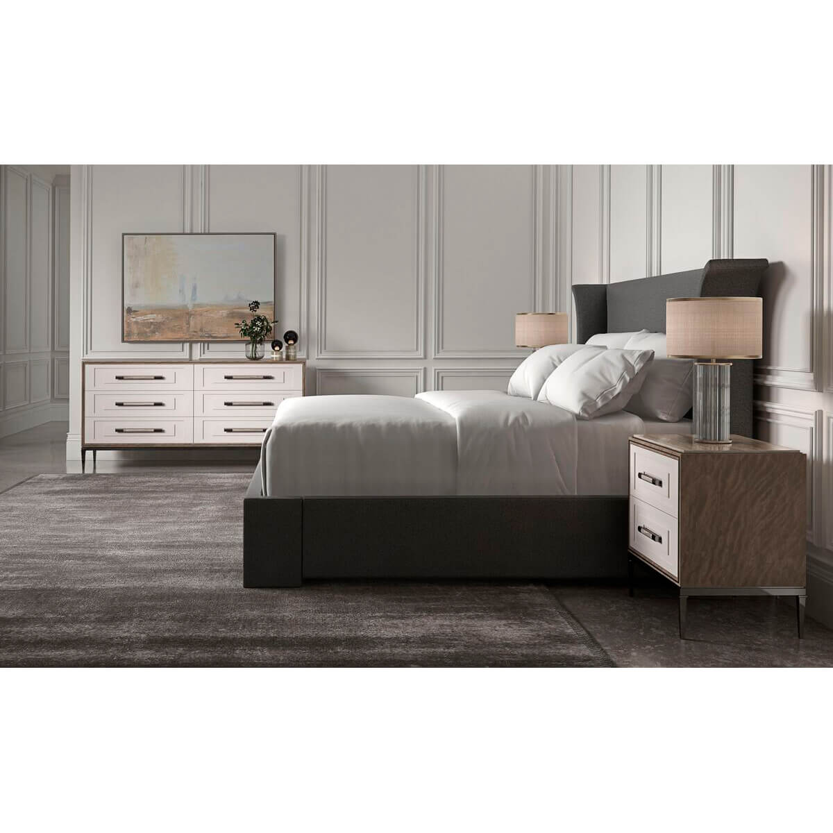 Flared Modern Fully Upholstered Queen Bed - Dark - English Georgian America