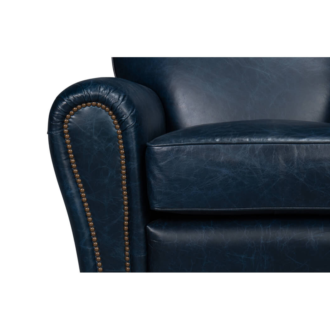 French Art Deco Style Blue Leather Club Chair - English Georgian America