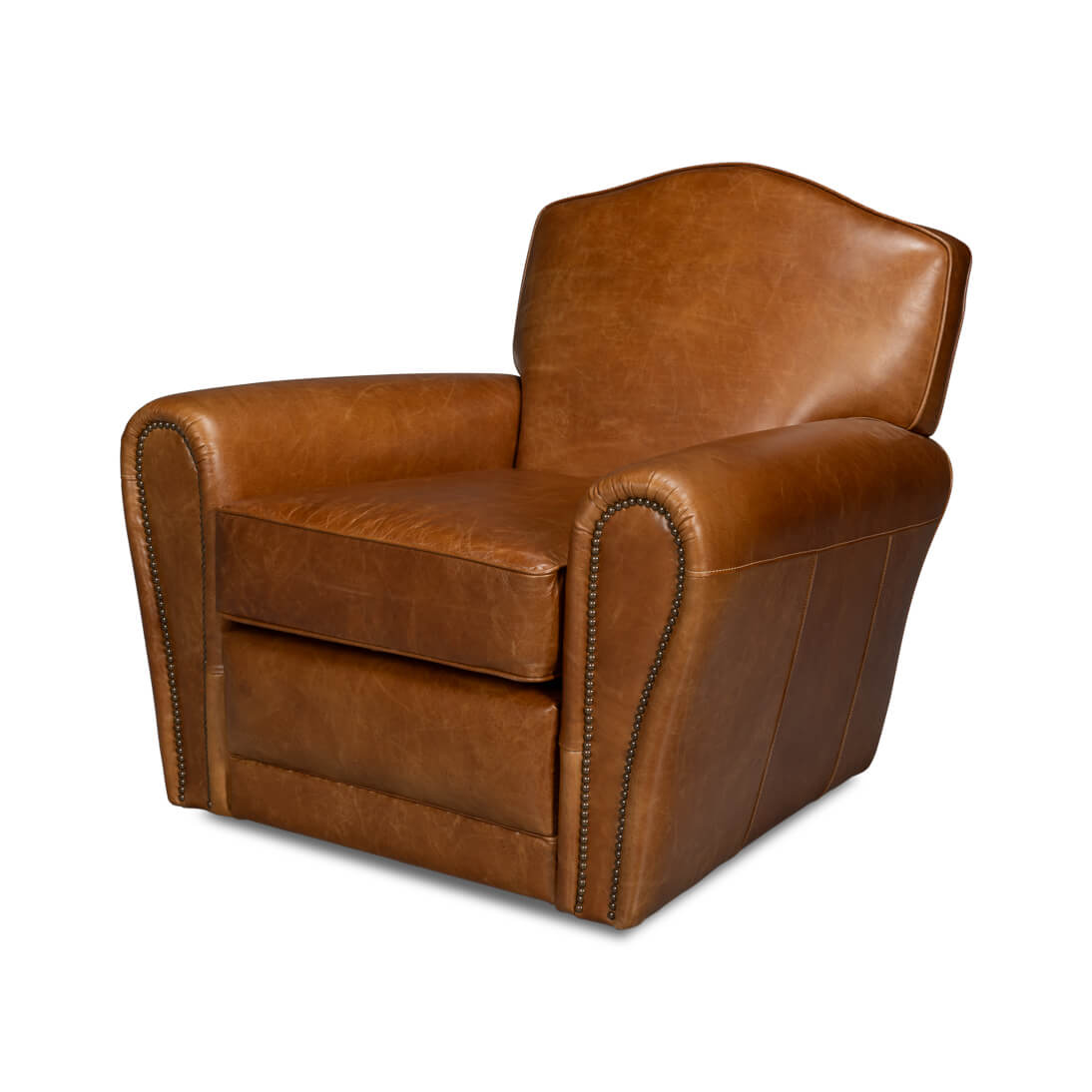 French Art Deco Style Brown Leather Club Chair - English Georgian America