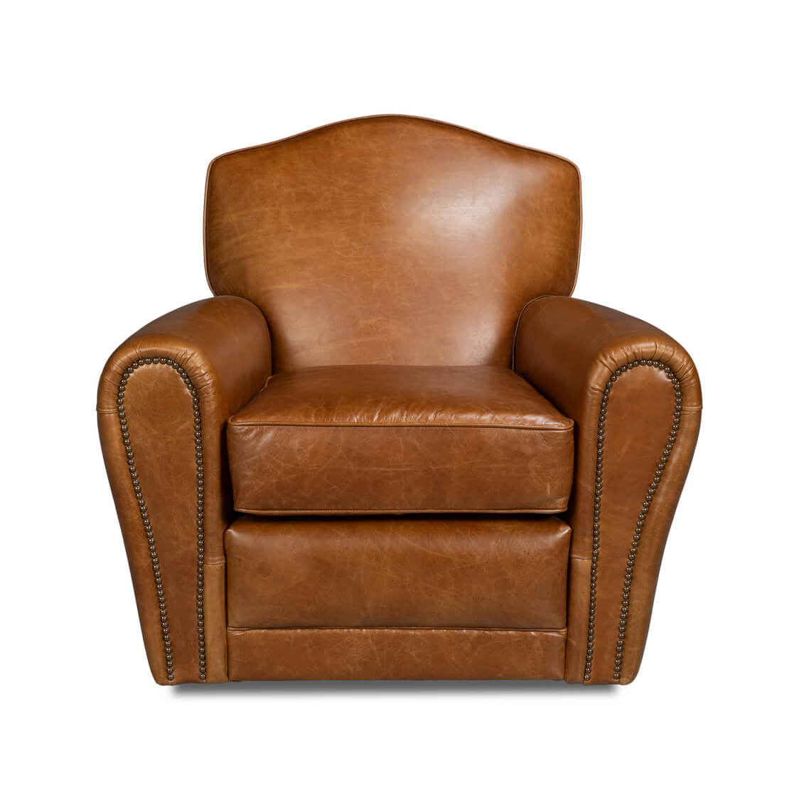 French Art Deco Style Brown Leather Club Chair - English Georgian America