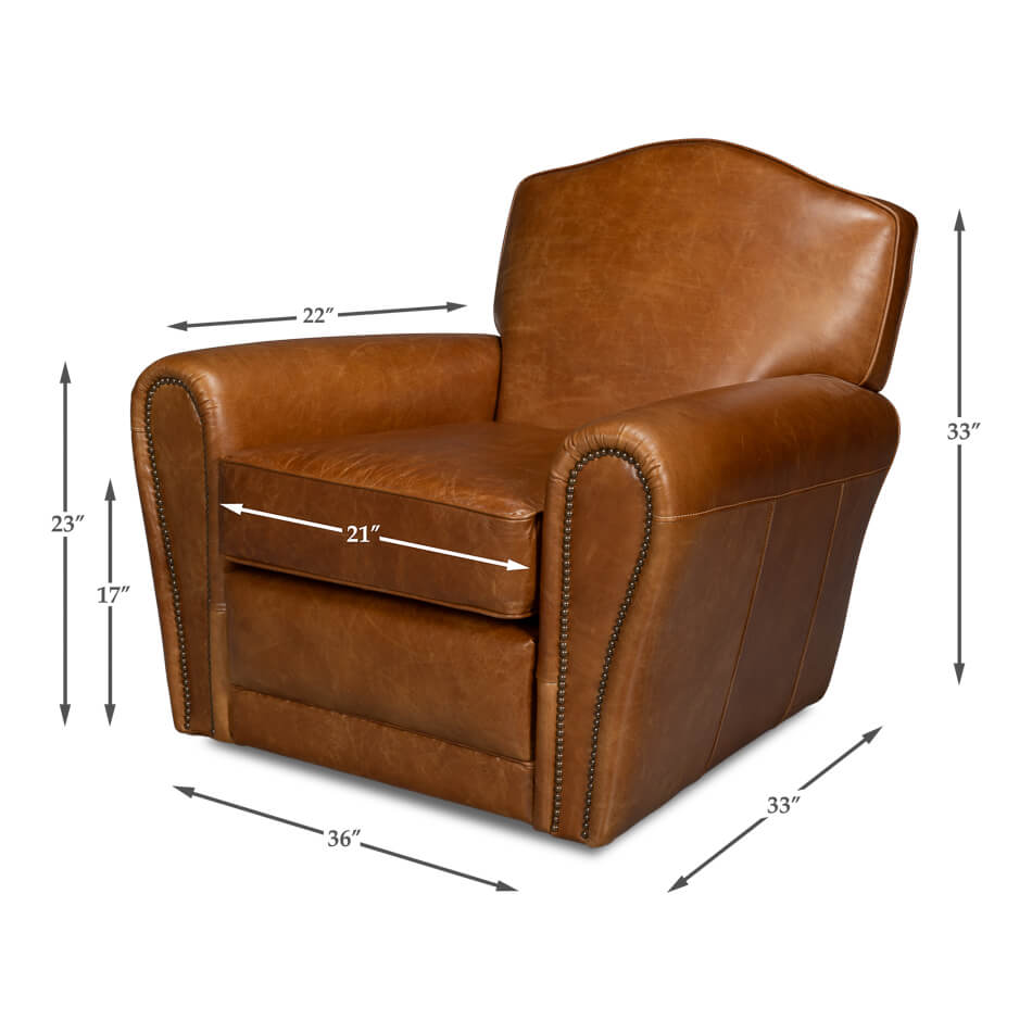 French Art Deco Style Brown Leather Club Chair - English Georgian America