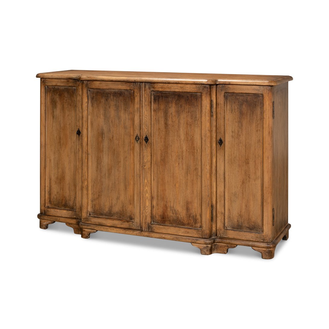 French Country Pine Breakfront Credenza - English Georgian America