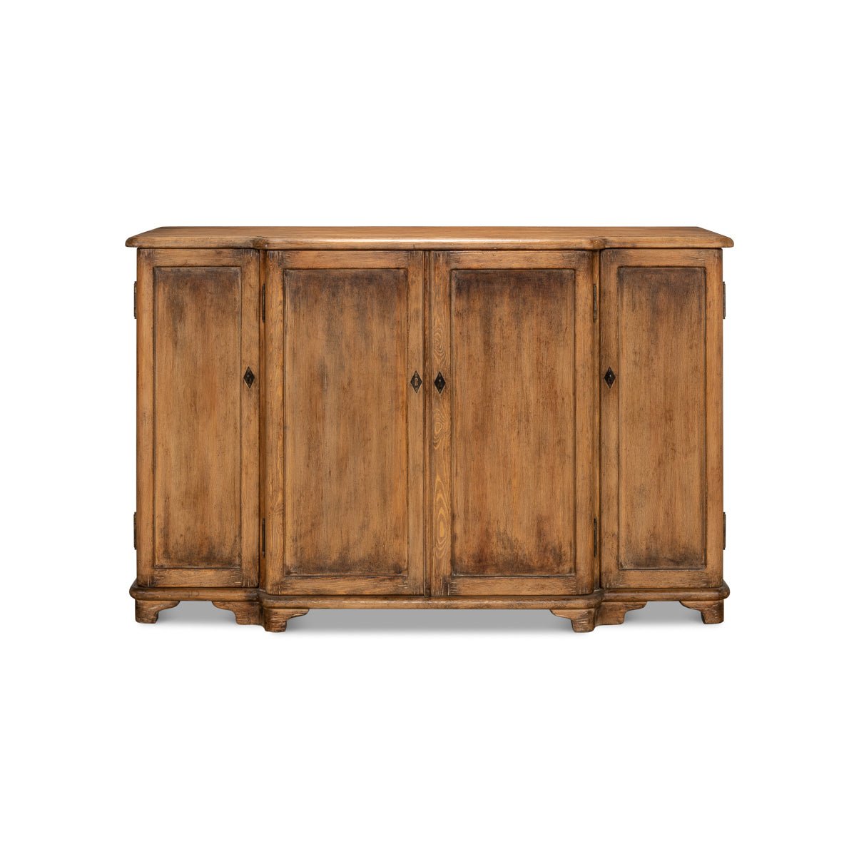 French Country Pine Breakfront Credenza - English Georgian America