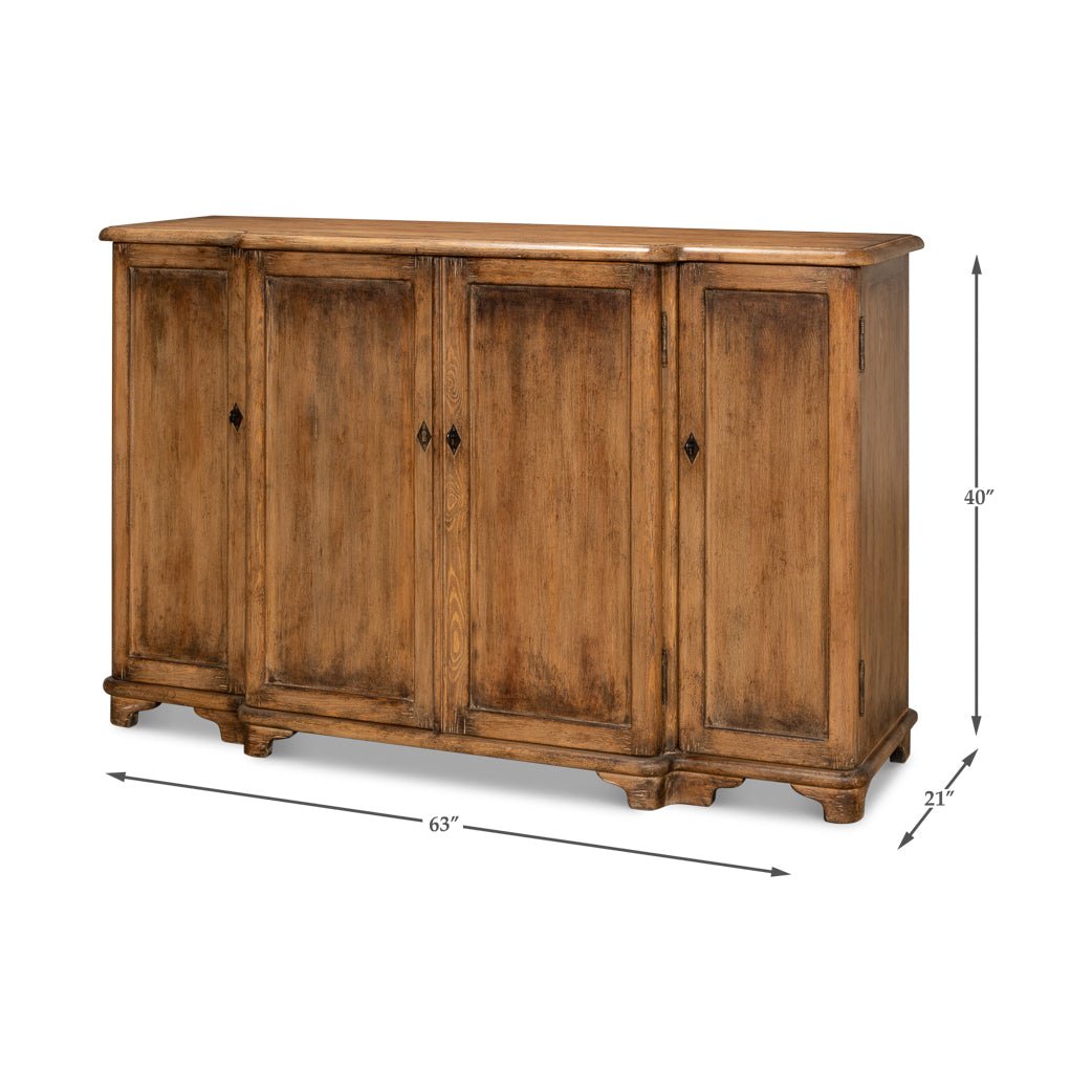 French Country Pine Breakfront Credenza - English Georgian America
