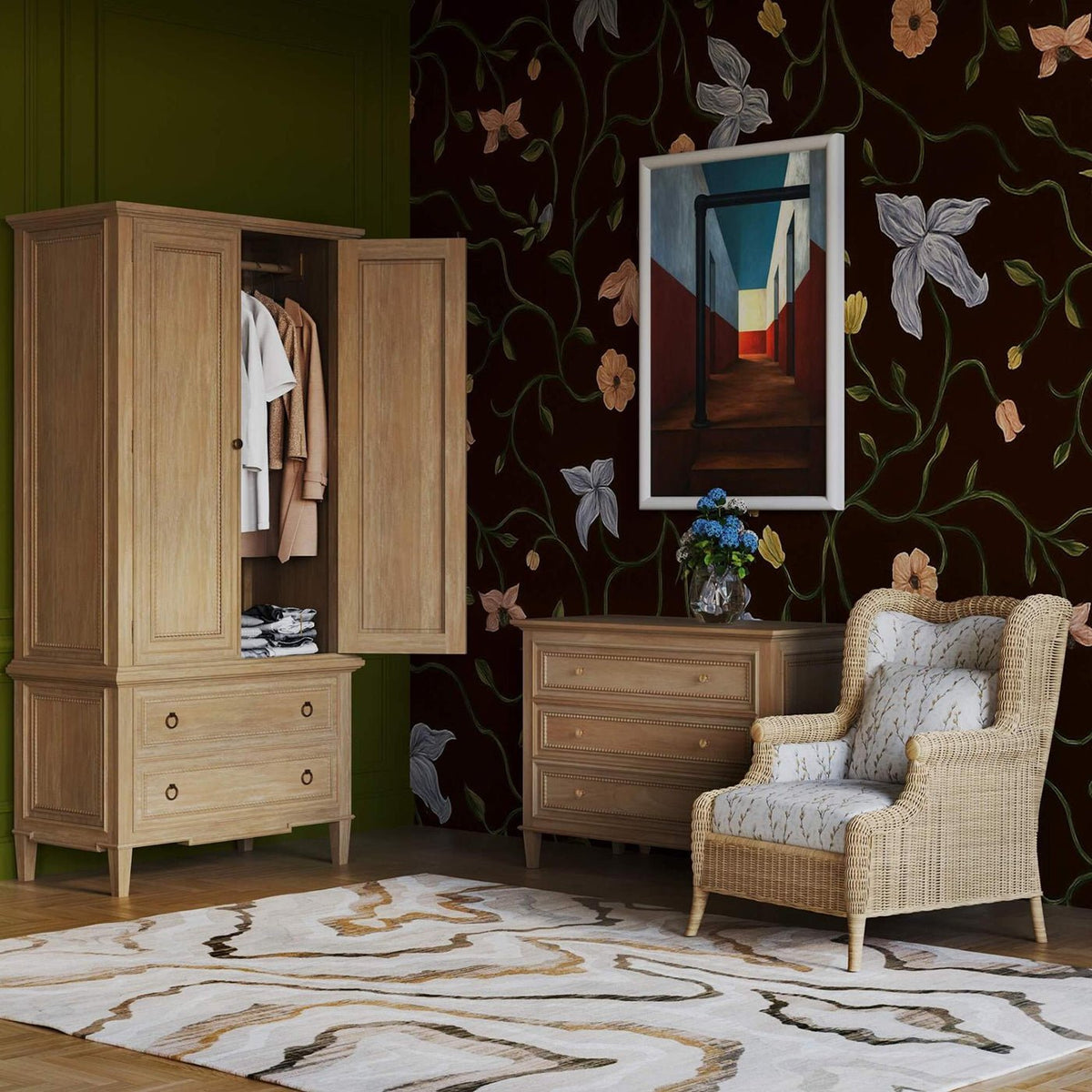 French Country Rattan Wingback Armchair - English Georgian America