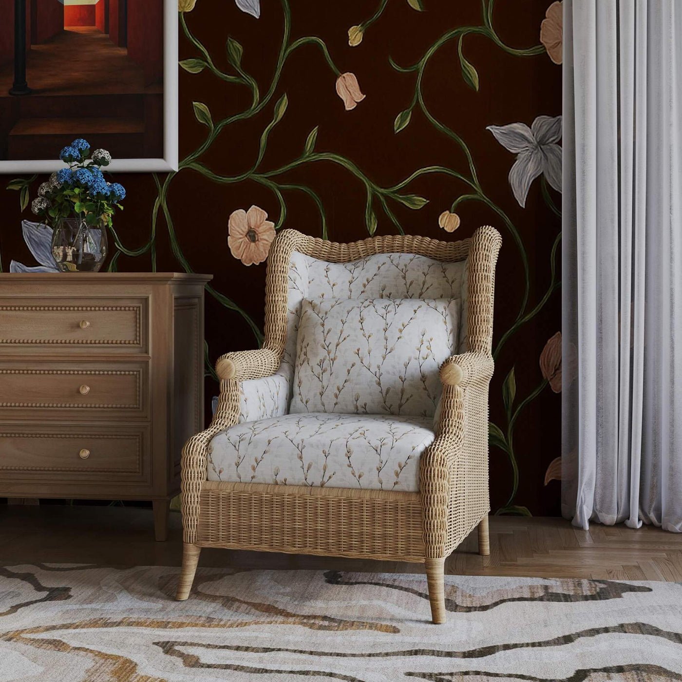 French Country Rattan Wingback Armchair - English Georgian America