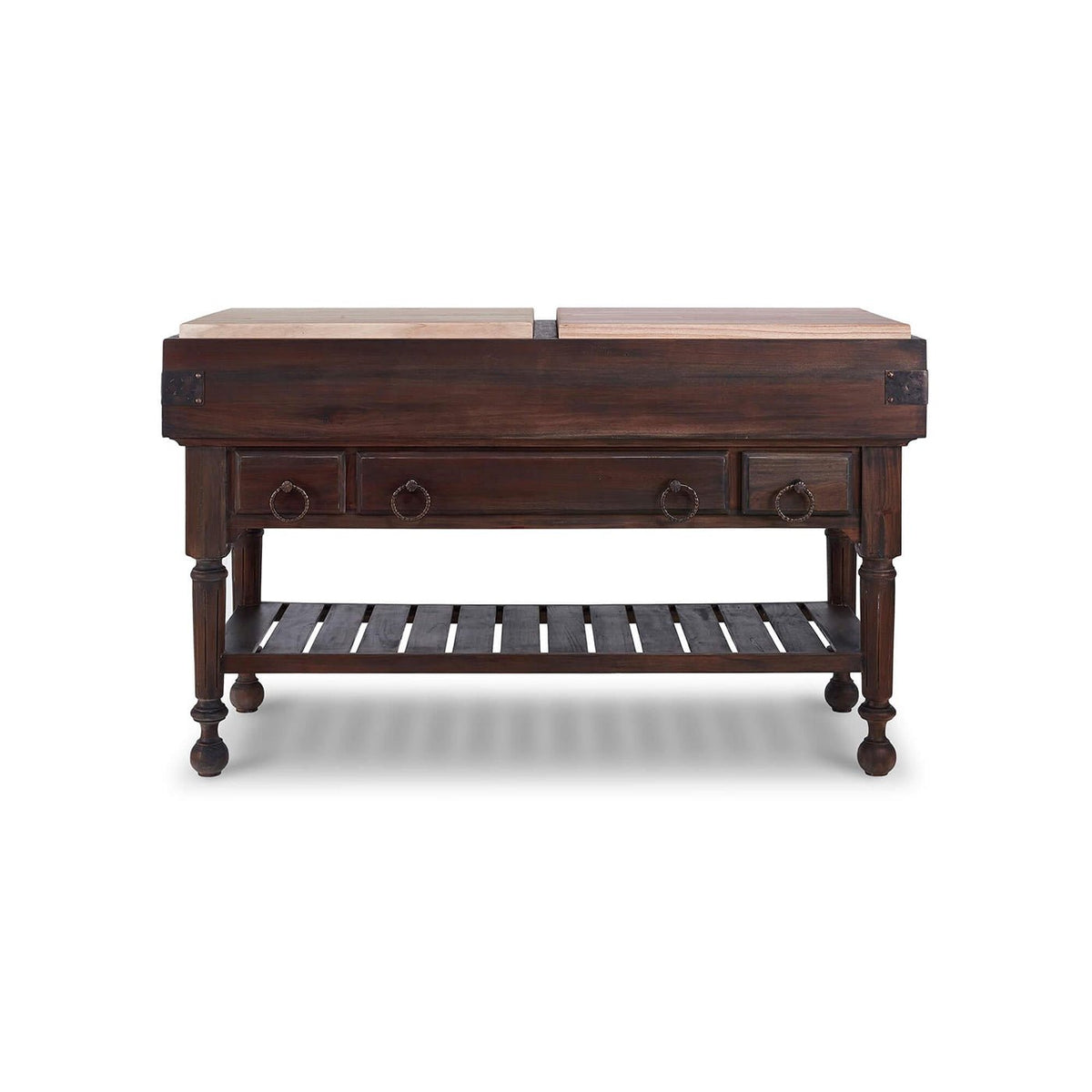 French Provincial Large Kitchen Island - Rustic Cocoa Finish - English Georgian America