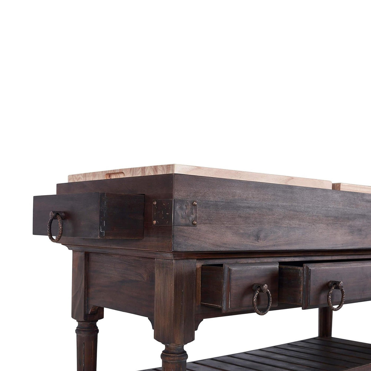 French Provincial Large Kitchen Island - Rustic Cocoa Finish - English Georgian America
