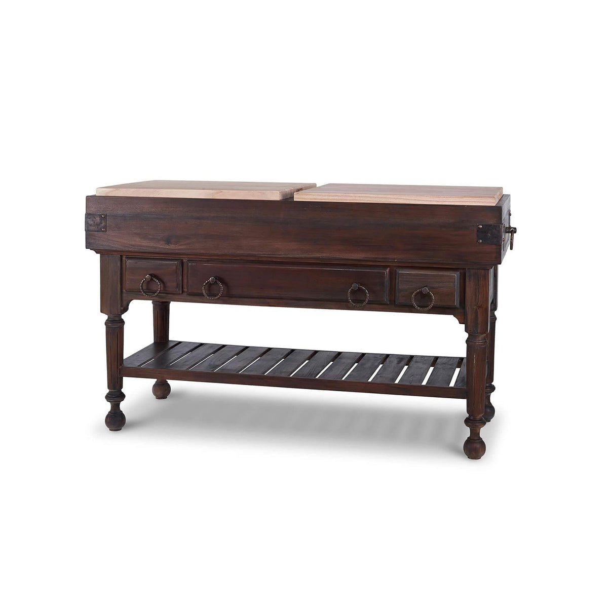 French Provincial Large Kitchen Island - Rustic Cocoa Finish - English Georgian America