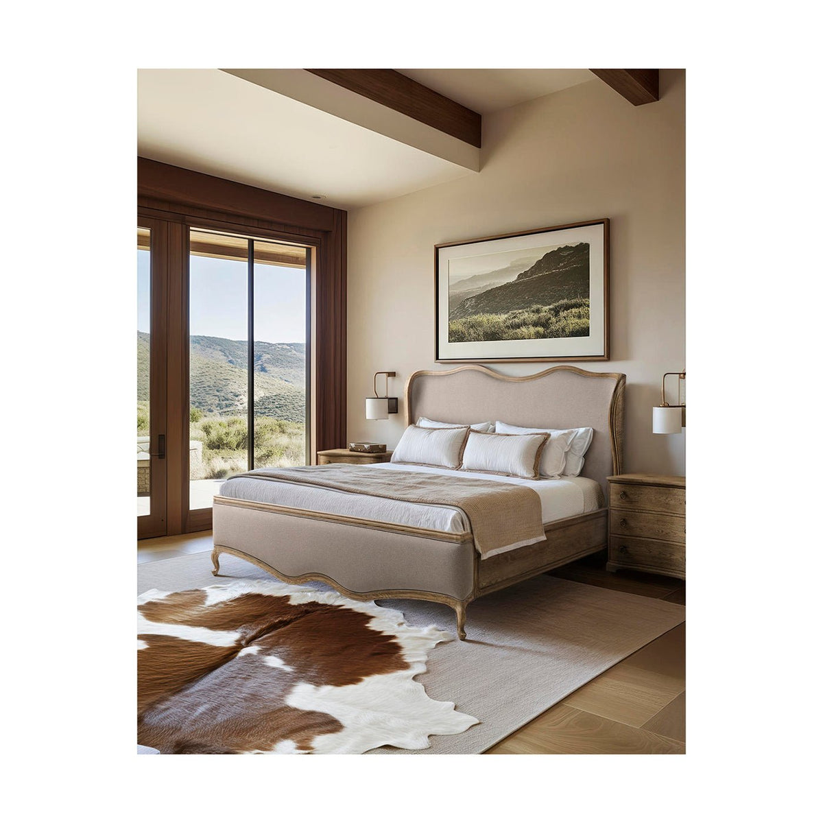 French Provincial Upholstered Oak Bed - Queen - English Georgian America