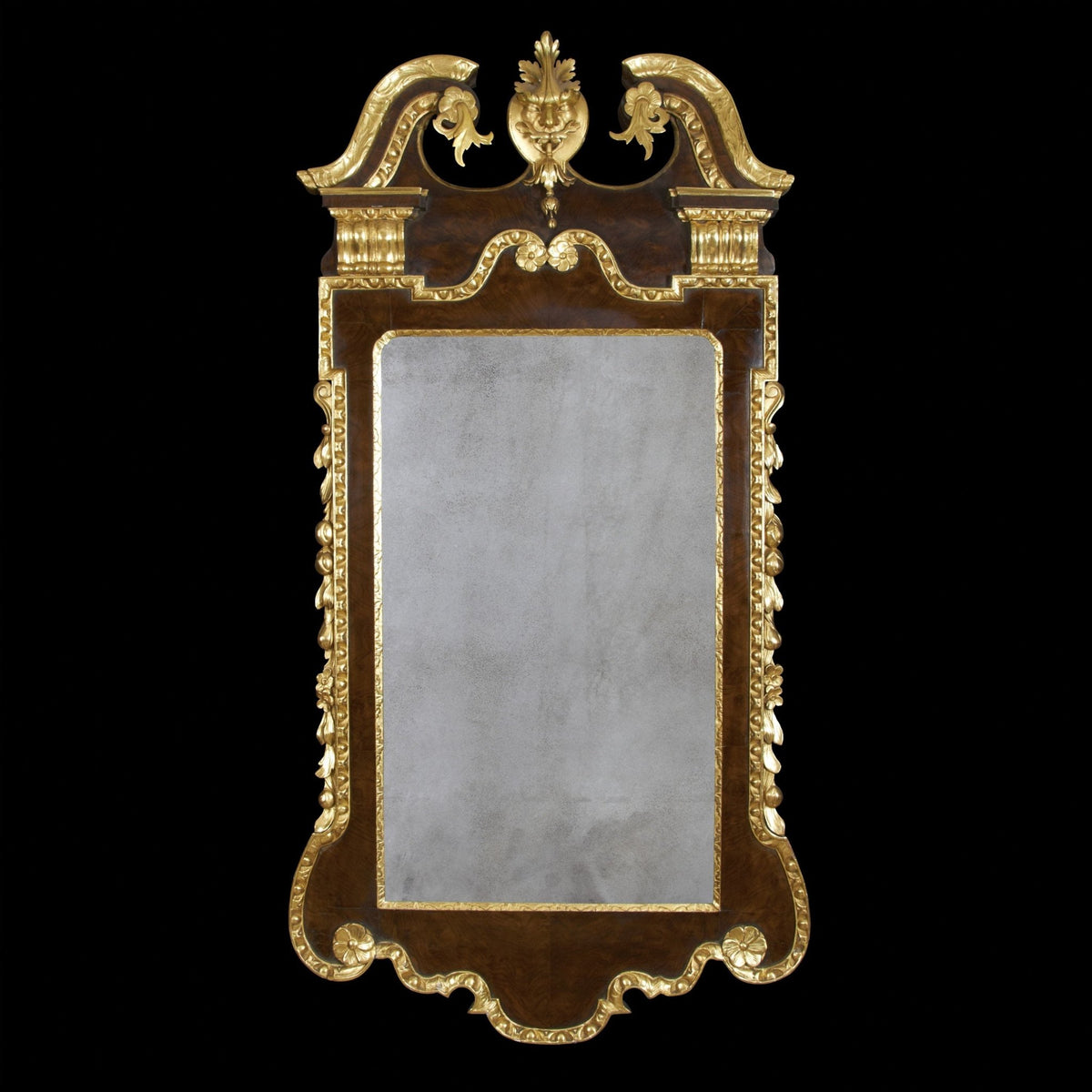George II Walnut and Gilt Scroll Top Mirror - English Georgian America