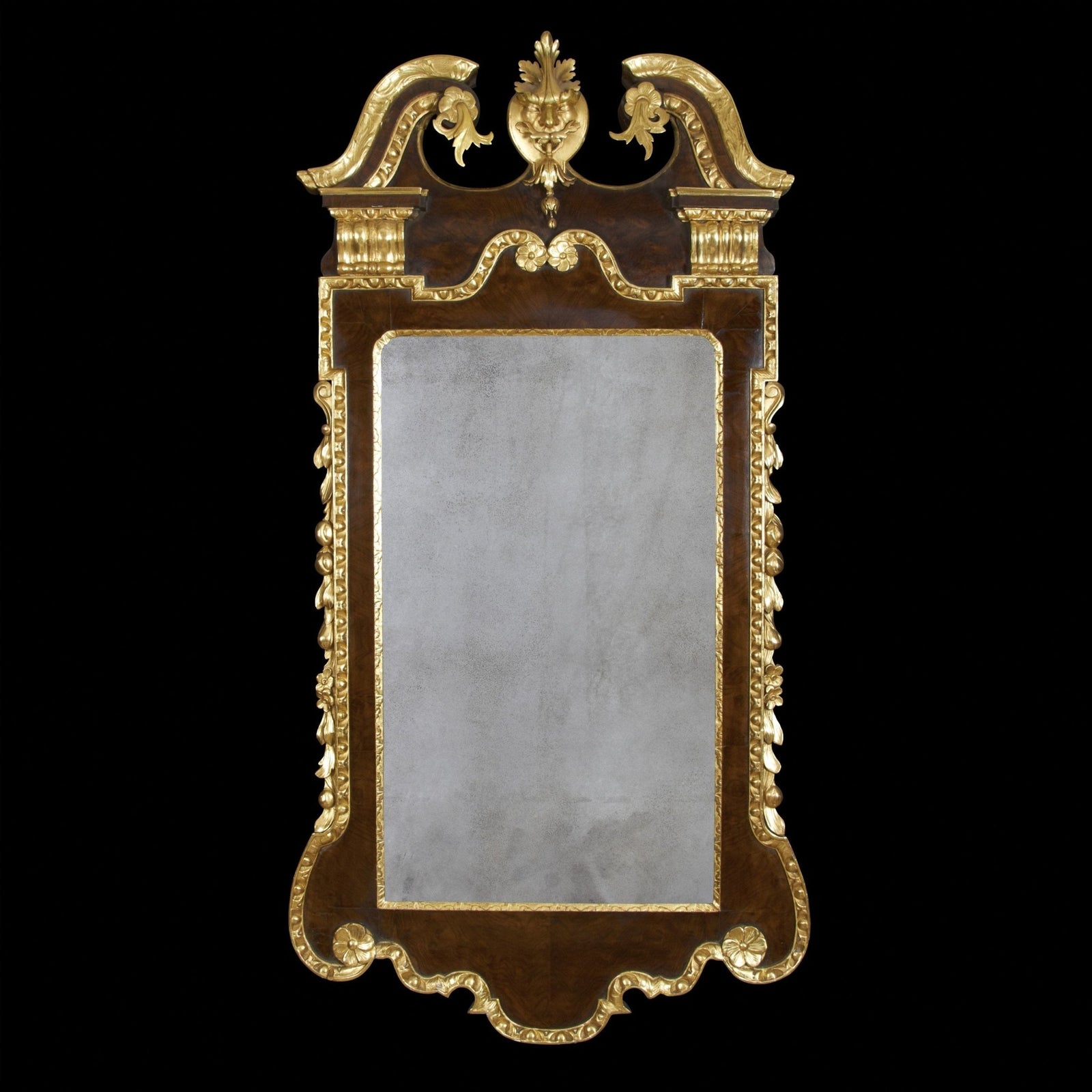 George II Walnut and Gilt Scroll Top Mirror - English Georgian America