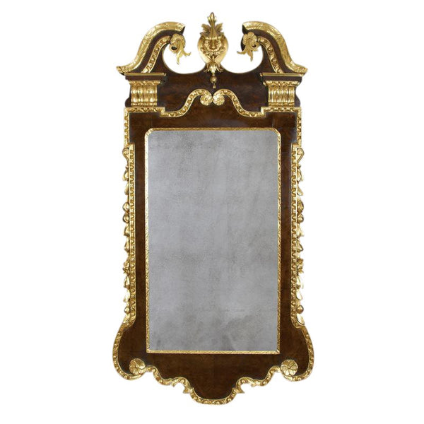 George II Walnut and Gilt Scroll Top Mirror George II Walnut and Gilt Scroll Top Mirror