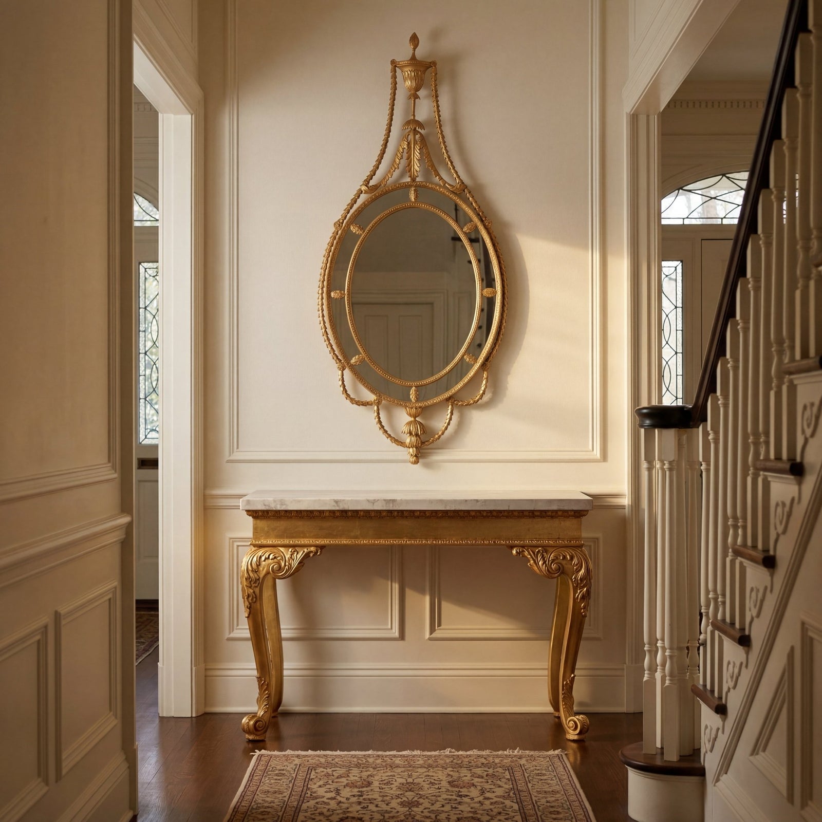 Ornate George III mirror with oval glass frame.