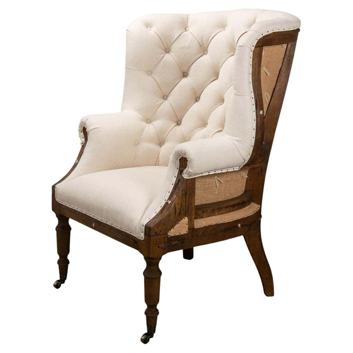 Georgian Barrel Back Linen and Burlap Wingchair - English Georgian America