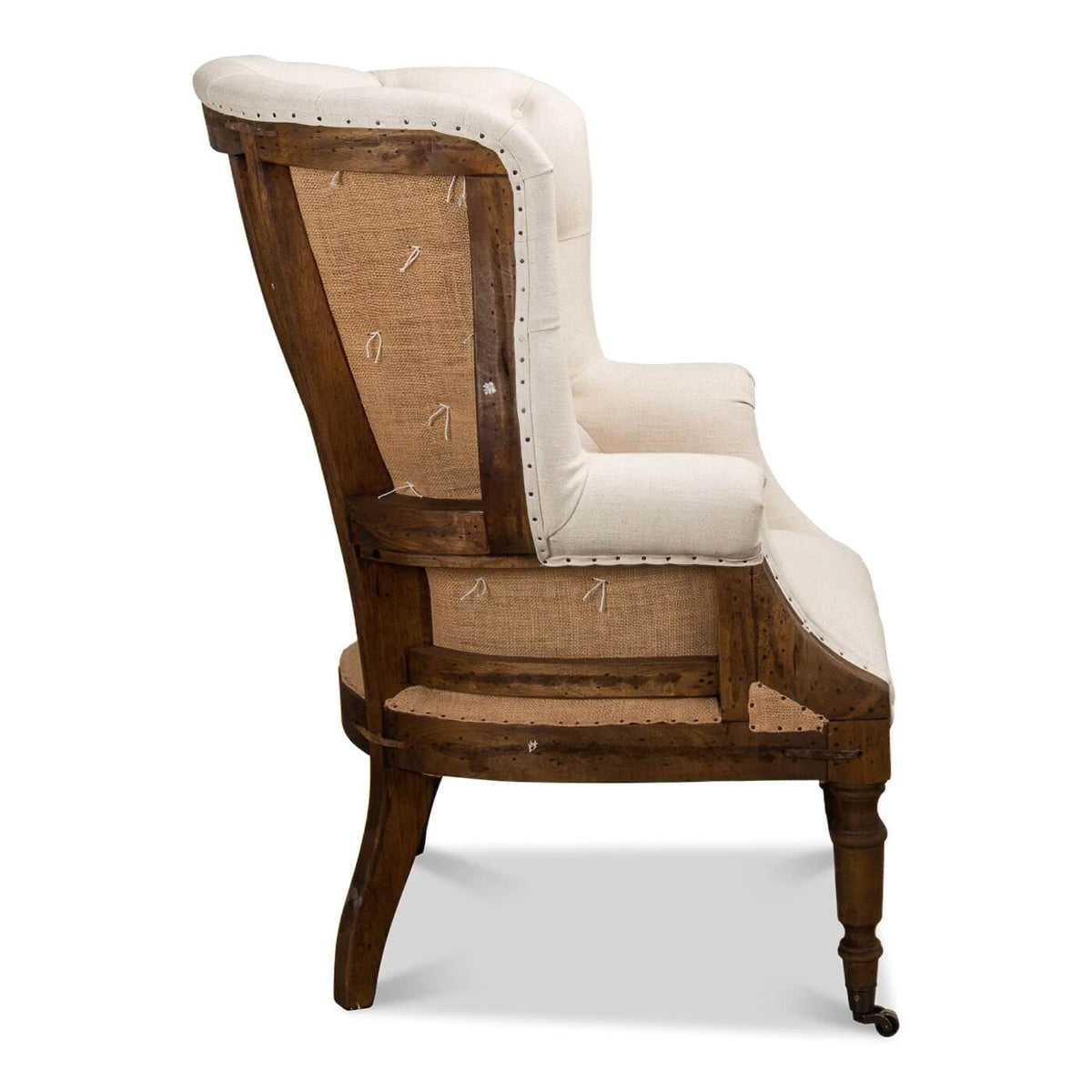 Georgian Barrel Back Linen and Burlap Wingchair - English Georgian America