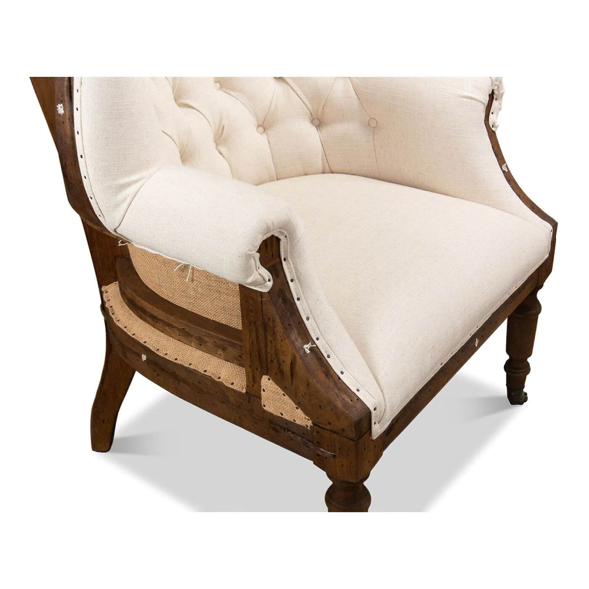 Georgian Barrel Back Linen and Burlap Wingchair - English Georgian America