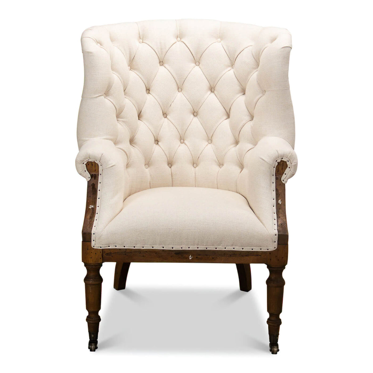 Georgian Barrel Back Linen and Burlap Wingchair - English Georgian America